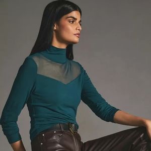 NWT Anthropologie Mock Neck Mesh Insert Top in Hunter Green, XL